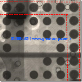BGA錫球尺寸小于0.4mm，采用降低BGA內(nèi)圍襲球的錫膏量所得到X-Ray，稍微留意一下可以發(fā)現(xiàn)最外圈的錫量(圓的直徑)比其他內(nèi)圍的錫球上的錫量來得多一點點。也就是外圈的黑色圓形直徑比內(nèi)圈的圓形來得大一點點。