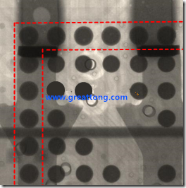 BGA錫球尺寸小于0.4mm，采用降低BGA內(nèi)圍襲球的錫膏量所得到X-Ray，稍微留意一下可以發(fā)現(xiàn)最外圈的錫量(圓的直徑)比其他內(nèi)圍的錫球上的錫量來得多一點點。也就是外圈的黑色圓形直徑比內(nèi)圈的圓形來得大一點點。