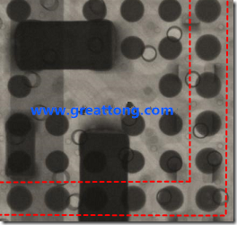 BGA錫球尺寸小于0.4mm，采用降低BGA內(nèi)圍襲球的錫膏量所得到X-Ray，稍微留意一下可以發(fā)現(xiàn)最外圈的錫量(圓的直徑)比其他內(nèi)圍的錫球上的錫量來得多一點點。也就是外圈的黑色圓形直徑比內(nèi)圈的圓形來得大一點點。