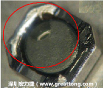 使用錫(Sn)鍍層的電源電感器(Power Inductors)，經(jīng)過推力測試后，其焊點(diǎn)還保留在零件的端點(diǎn)上，所以推力比較高。