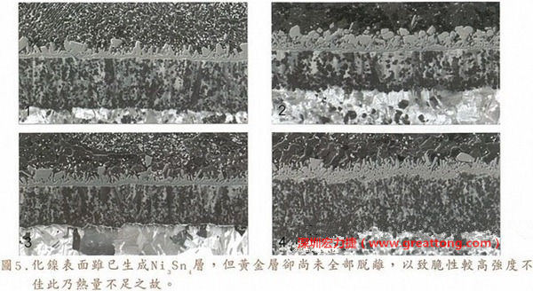 下面四圖顯示，當(dāng)焊接的熱量不足或未持續(xù)時(shí)，雖然Ni3Sn4的薄薄IMC層已經(jīng)生成而焊牢，但也會因?yàn)锳uSn及AuSn2還未來得及逸走，而停留在共金介面附近，當(dāng)有外力拉扯的時(shí)候，就很容易斷裂開來。這就是為何ENIG的焊點(diǎn)強(qiáng)度，始終不如銅面焊點(diǎn)(Cu6Sn5)來得更為牢固的主因之一。