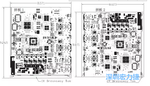 如圖7所示是使用不同數(shù)量邊條的拼板，拼板1僅使用了一個邊條，直接利用PCB另一邊作為SMT工藝傳送邊，并且PCB圖形中有合適的安裝孔；而拼板2則是按常規(guī)設計了兩個邊條。拼板方式為連接筋。圖中“Breakaway Tab”指邊條-深圳宏力捷