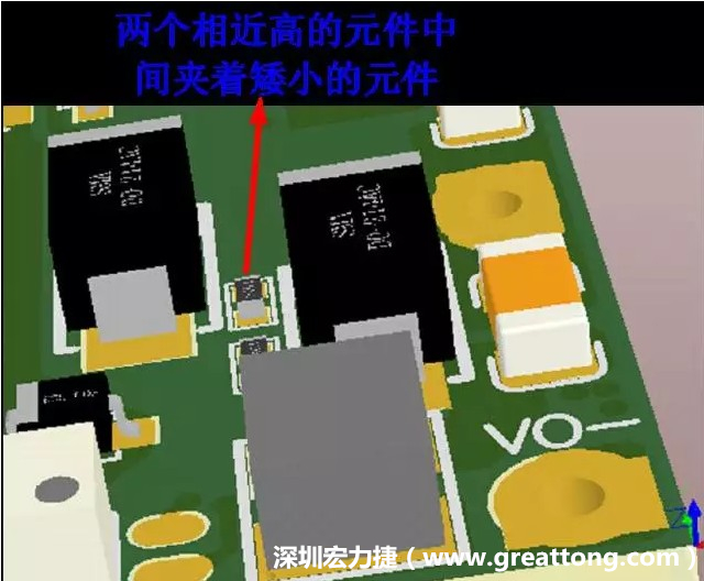 放置器件時要考慮以后的焊接和維修，兩個高度高的元件之間盡量避免放置矮小的元件