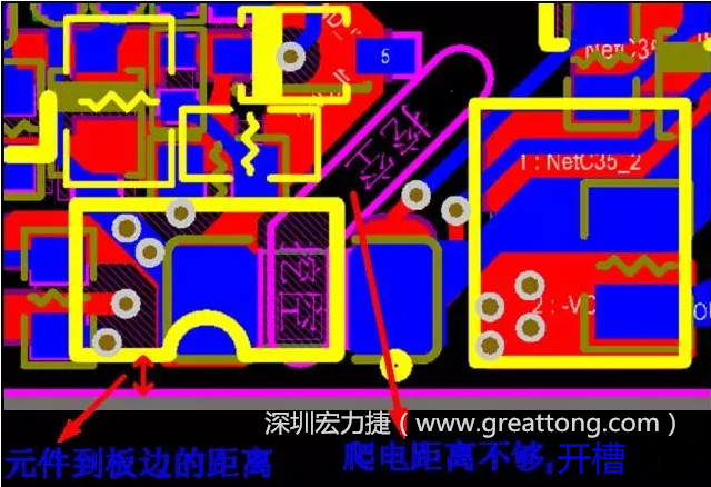 如果碰到模塊PCB空間有限，爬電距離不夠，可以采用開槽的方式