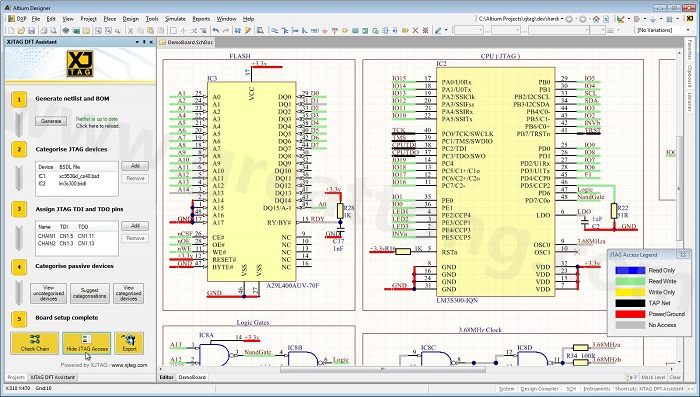 XJTAG DFT Assistant的Access Viewer模式可以清楚地顯示可用的測試存取層級，讓電路板設(shè)計人員在展開PCB布局以前的原理圖擷取階段盡可能地提高測試存取能力