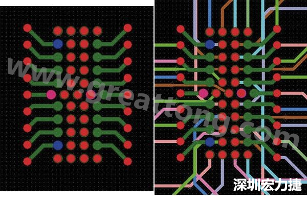 圖7：焊盤內(nèi)過孔用于內(nèi)部，而外部接腳在0.5mm閘格上扇出。圖7a顯示的是頂層(左)；圖7b顯示頂層和內(nèi)部布線層(右)。