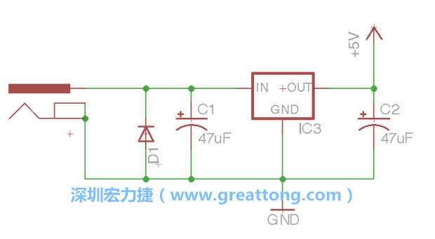 新增RBBB→Power_Jack，將它放在電壓調(diào)整器的輸入端旁邊。