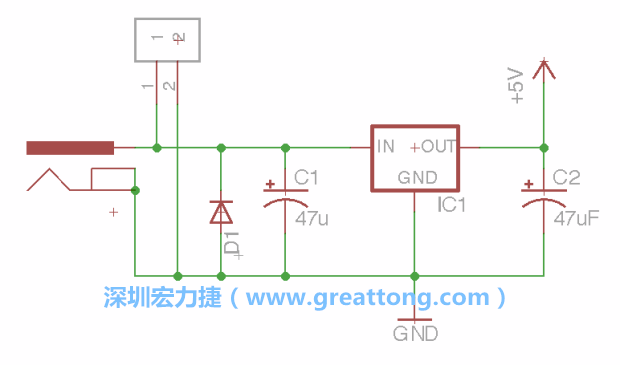 2.5.    新增一個二極體，它會以水平的狀態(tài)出現(xiàn)在屏幕上，請使用「旋轉(zhuǎn)（Rotate）」工具把它負極那一面朝上，并且用「網(wǎng)絡(luò)連接」工具將它連接在電壓調(diào)整器的輸入端和接地端之間。