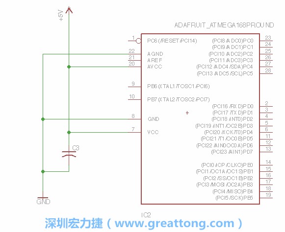 3.1.    新增微控制器晶片（RBBB → ATmega），把它放在電路原理圖的中央附近，把它的兩個(gè)接地接頭連接到接地訊號(hào)端。