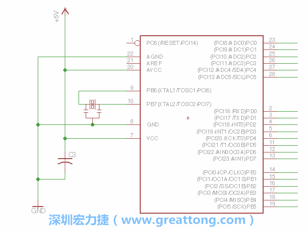 3.2.    在靠近ATmega的電源供應(yīng)針腳7的位置放置一個(gè)0.1μF的電容，將它分別連接電源、接地端和針腳7。