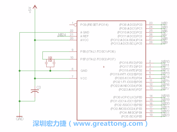 3.3.    將共鳴器（resonator）放置在針腳9和針腳10附近，將它的三個(gè)針腳連接如圖所示，并確認(rèn)最中間的針腳有連到接地端。