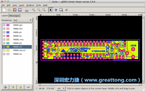 將圖層匯入你的Gerber預(yù)覽工具內(nèi)（下圖為Gerbv），我通常會(huì)從上到下重新排列它們的順序，好讓我比較好校對(duì)：
