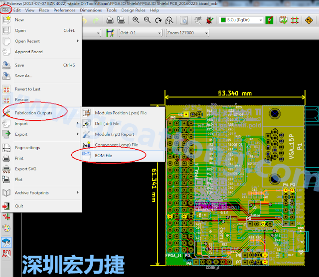 在Kicad的PCB Editor, 點選 File->Fabrication Outputs->BOM File, 即可產(chǎn)生一個 .csv 的Excel 檔案。