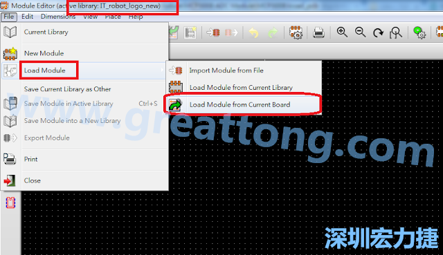 進(jìn)入Module Editor去載入其他Footprint(Module)進(jìn)來(lái)， 從目前的Active library (不過(guò)要先選取一個(gè)Current library ) 載入Module 或從目前正在編輯的PCB載入Module。